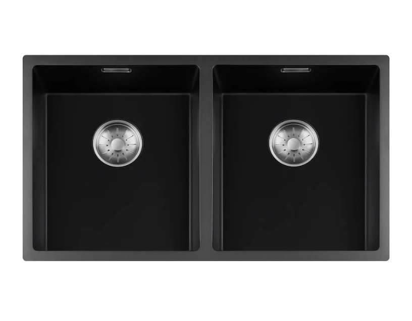 Lorreine 3434BQ-FU-Inox Luxe Dubbele Keukenspoelbak Graniet Zwart Met Korfplug RVS 34 x 40 + 34 x 40 Vlakbouw Of Onderbouw