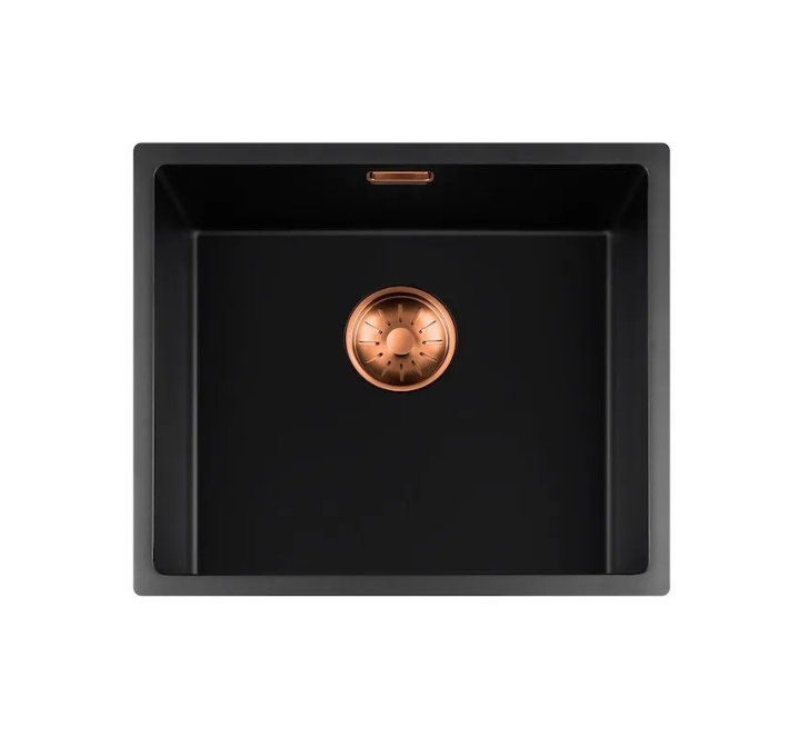 Lorreine 45BQ-FU-Copper Luxe Enkele Keukenspoelbak Graniet Zwart Met Korfplug Copper 45 x 40 Vlakbouw Of Onderbouw