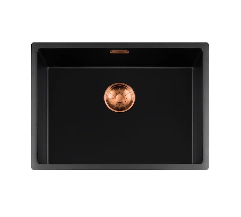 Lorreine 55BQ-FU-Copper Luxe Enkele Keukenspoelbak Graniet Zwart Met Korfplug Copper 55 x 40 Vlakbouw Of Onderbouw