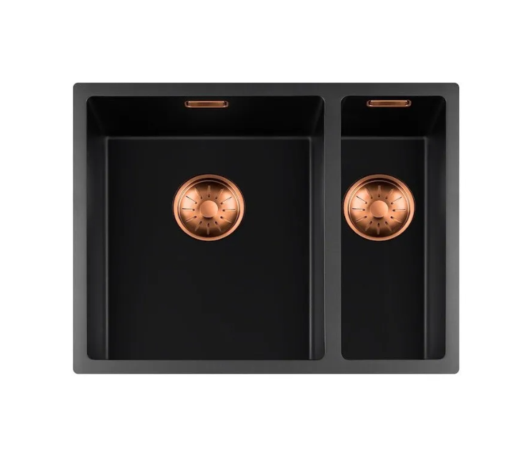 Lorreine 3415BQ-FU-Copper Luxe Anderhalve Keukenspoelbak Graniet Zwart Met Korfplug Copper 34 x 40 + 15 x 40 Vlakbouw Of Onderbouw