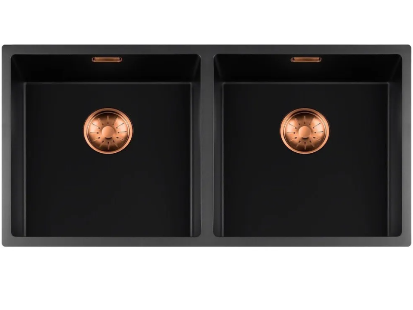 Lorreine 4040BQ-FU-Copper Luxe Dubbele Keukenspoelbak Graniet Zwart Met Korfplug Copper 40 x 40 + 40 x 40 Vlakbouw Of Onderbouw