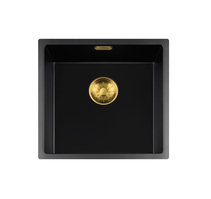 Lorreine 40BQ-FU-Gold Luxe Enkele Keukenspoelbak Graniet Zwart Met Korfplug Goud 40 x 40 Vlakbouw Of Onderbouw