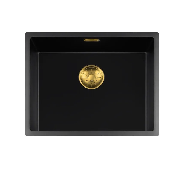 Lorreine 50BQ-FU-Gold Luxe Enkele Keukenspoelbak Graniet Zwart Met Korfplug Goud 50 x 40 Vlakbouw Of Onderbouw