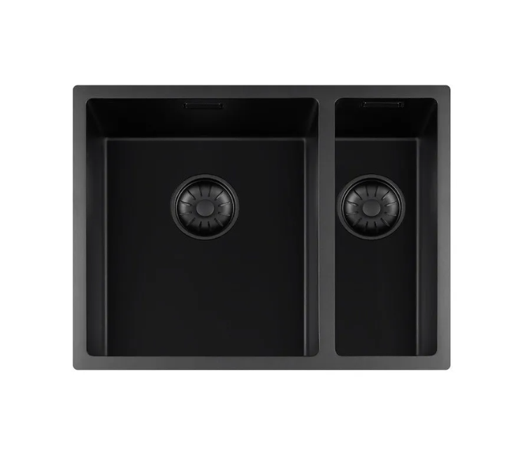 Lorreine 3415BQ-FU Luxe Anderhalve Keukenspoelbak Graniet Zwart Met Korfplug Zwart 34 x 40 + 15 x 40 Vlakbouw Of Onderbouw