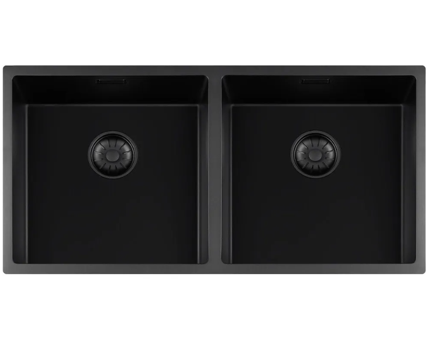 Lorreine 4040BQ-FU Luxe Dubbele Keukenspoelbak Graniet Zwart Met Korfplug Zwart 40 x 40 + 40 x 40 Vlakbouw Of Onderbouw