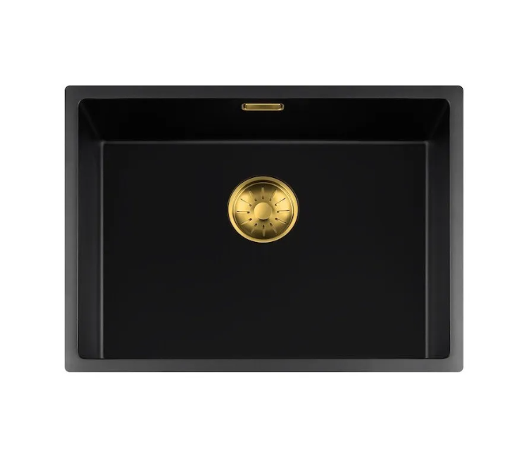 Lorreine 55BQ-FU-Gold Luxe Enkele Keukenspoelbak Graniet Zwart Met Korfplug Goud 55 x 40 Vlakbouw Of Onderbouw