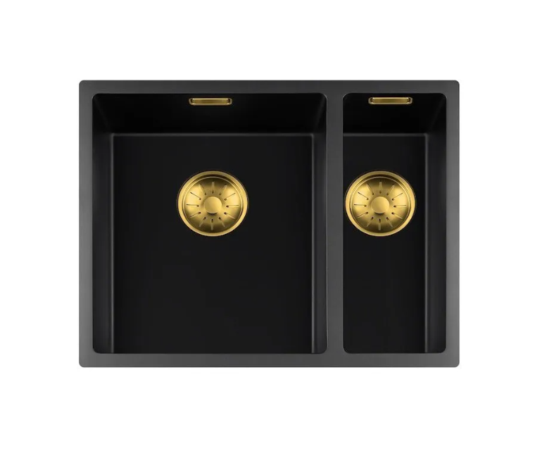 Lorreine 3415BQ-FU-Gold Luxe Anderhalve Keukenspoelbak Graniet Zwart Met Korfplug Goud 34 x 40 + 15 x 40 Vlakbouw Of Onderbouw