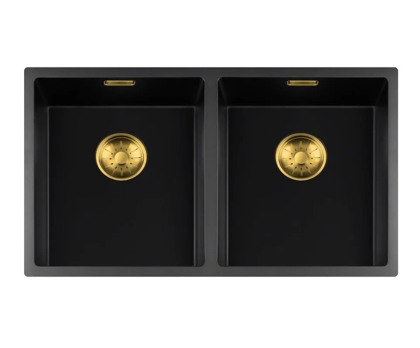 Lorreine 3434BQ-FU-Gold Luxe Dubbele Keukenspoelbak Graniet Zwart Met Korfplug Goud 34 x 40 + 34 x 40 Vlakbouw Of Onderbouw
