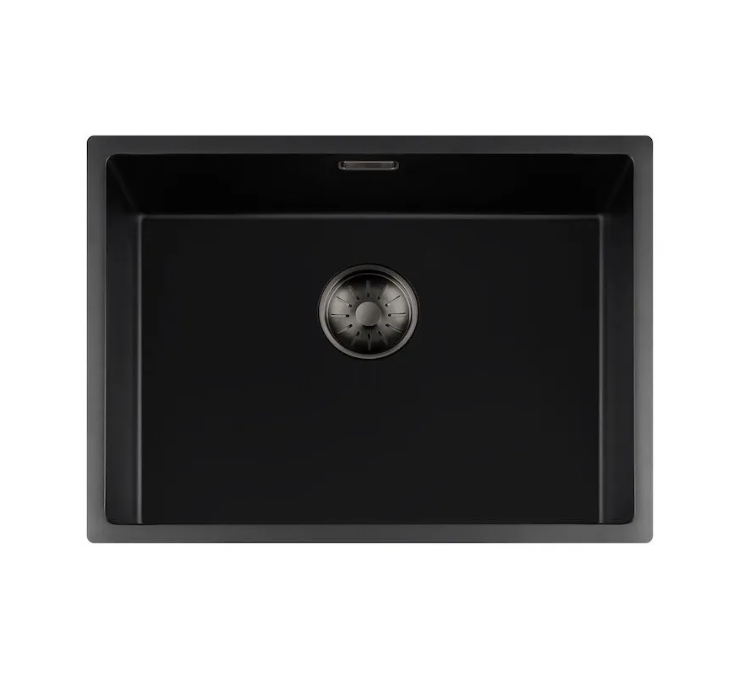 Lorreine 55BQ-FU-Gunmetal Luxe Enkele Keukenspoelbak Graniet Zwart Met Korfplug Gun Metal 55 x 40 Vlakbouw Of Onderbouw