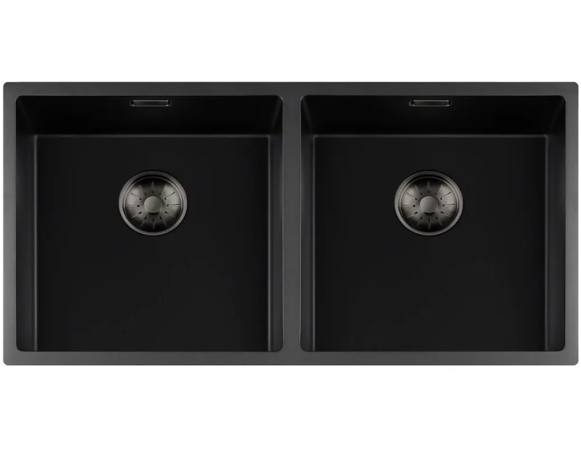Lorreine 4040BQ-FU-Gunmetal Luxe Dubbele Keukenspoelbak Graniet Zwart Met Korfplug Gun Metal 40 x 40 + 40 x 40 Vlakbouw Of Onderbouw