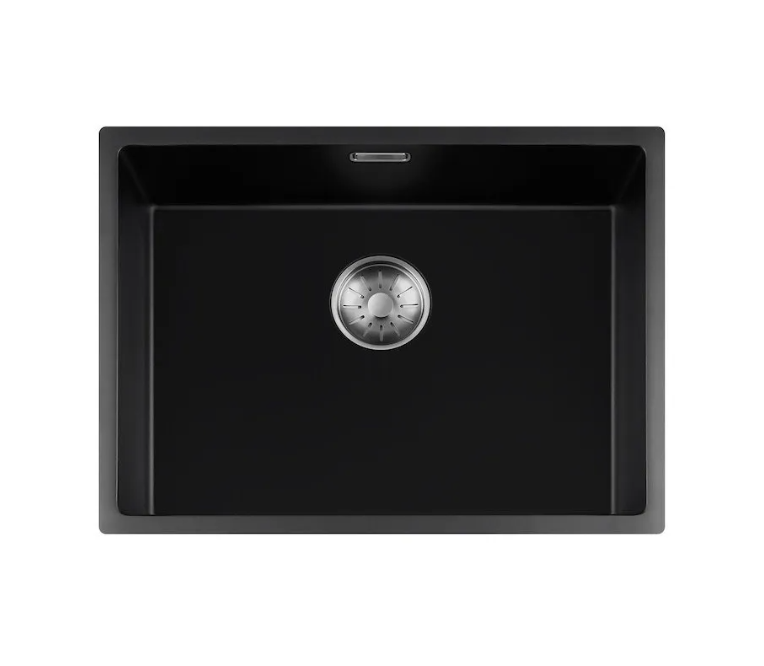 Lorreine 55BQ-FU-Inox Luxe Enkele Keukenspoelbak Graniet Zwart Met Korfplug RVS 55 x 40 Vlakbouw Of Onderbouw