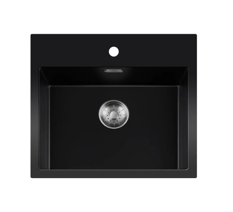 Lorreine 50BQ37TH-T-Inox Luxe Enkele Keukenspoelbak Met Kraangat Graniet Zwart Met Korfplug RVS 50 x 37 Opbouw