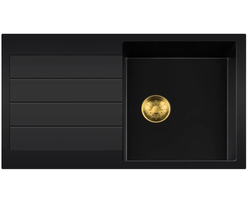 Lorreine 45BQ44DB-T-Gold Luxe Enkele Keukenspoelbak Graniet Zwart Met Korfplug Goud 96 x 50 Opbouw