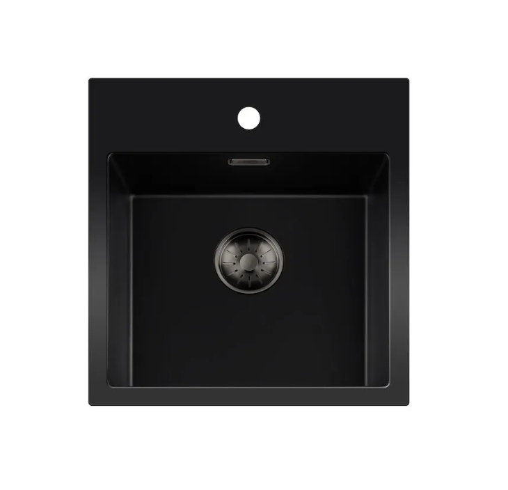 Lorreine 40BQ37TH-T-Gunmetal Luxe Enkele Keukenspoelbak Met Kraangat Graniet Zwart Met Korfplug Gun Metal 40 x 37 Opbouw