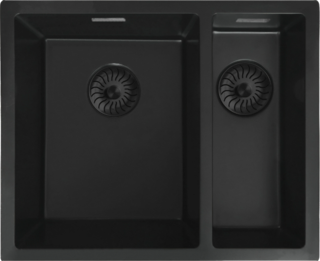 Caressi Quartz CAQPP3415R10BK-EB Anderhalve Keukenspoelbak Links Graniet Zwart Met Zwarte Korfplug Opbouw