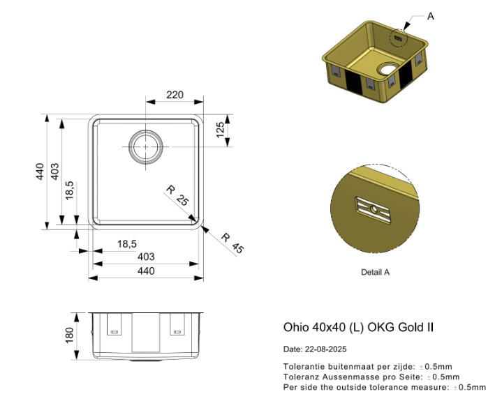 2 Reginox Ohio R40874 (L) OKG Comfort Gold II Luxe Enkele Keukenspoelbak Goud 40 x 40 Onderbouw – Vlakbouw – Opbouw