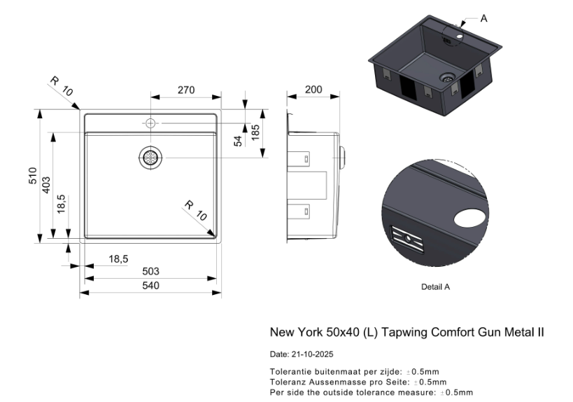 2 Reginox New York R41345 Tapwing (L) Gun Metal II Luxe Enkele Keukenspoelbak Met Kraangat Gunmetal 50 x 40 Onderbouw – Vlakbouw – Opbouw