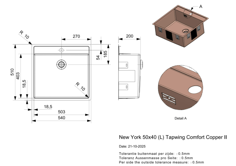 2 Reginox New York R41352 Tapwing (L) Copper II Luxe Enkele Keukenspoelbak Met Kraangat Copper 50 x 40 Onderbouw – Vlakbouw – Opbouw
