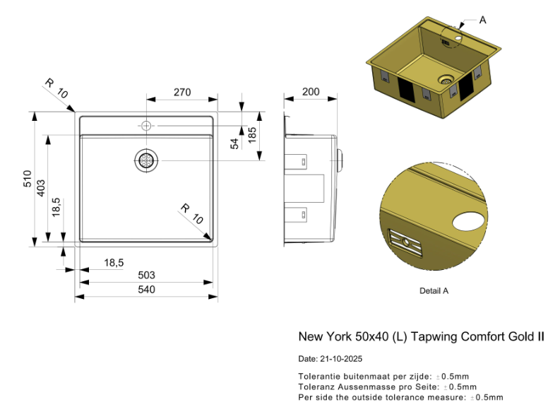 2 Reginox New York R41338 Tapwing (L) Goud II Luxe Enkele Keukenspoelbak Met Kraangat Gold 50 x 40 Onderbouw – Vlakbouw – Opbouw