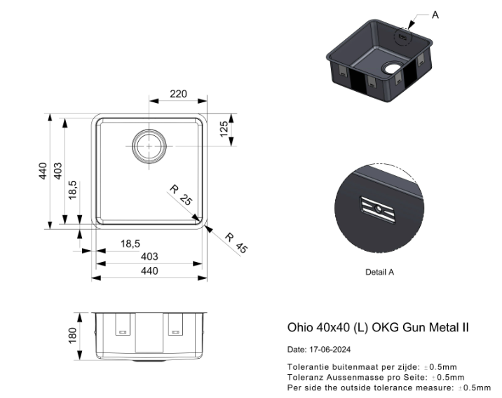 2 Reginox Ohio R39793 (L) OKG Comfort Gunmetal II Luxe Enkele Keukenspoelbak Gun Metal 40 x 40 Onderbouw – Vlakbouw – Opbouw