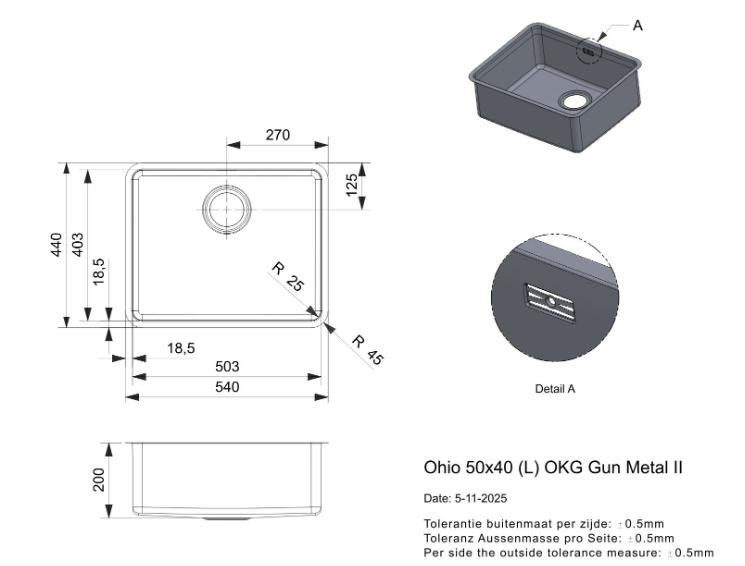 3 Reginox Ohio R39809 (L) OKG Comfort Gun Metal II Luxe Enkele Keukenspoelbak Gunmetal 50 x 40 Onderbouw – Vlakbouw – Opbouw