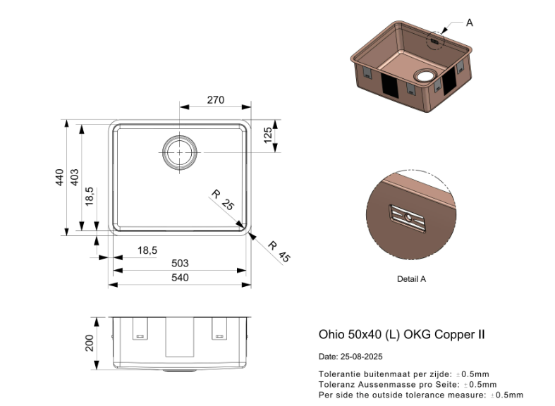 5 Reginox Ohio R40898 (L) OKG Comfort Copper II Luxe Enkele Keukenspoelbak Copper 50 x 40 Onderbouw – Vlakbouw – Opbouw