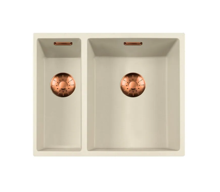 Lorreine 1534CQSP-FU-Copper Luxe Anderhalve Keukenspoelbak Graniet Coffee Cream Met Korfplug Copper 15 x 40 + 34 x 40 Vlakbouw Of Onderbouw