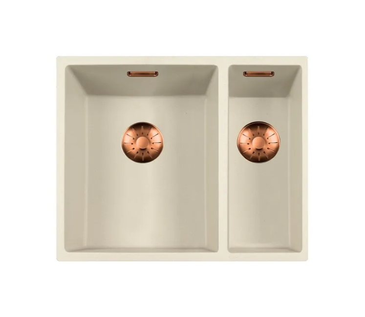 Lorreine 3415CQSP-FU-Copper Luxe Anderhalve Keukenspoelbak Graniet Coffee Cream Met Korfplug Copper 34 x 40 + 15 x 40 Vlakbouw Of Onderbouw