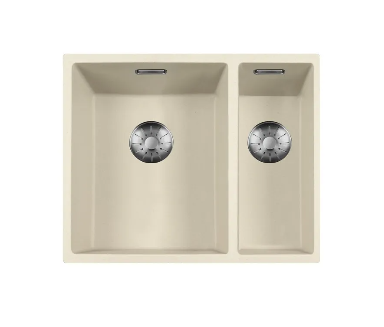 Lorreine 3415CQSP-FU-RVS Luxe Anderhalve Keukenspoelbak Graniet Coffee Cream Met Korfplug RVS 34 x 40 + 15 x 40 Vlakbouw Of Onderbouw