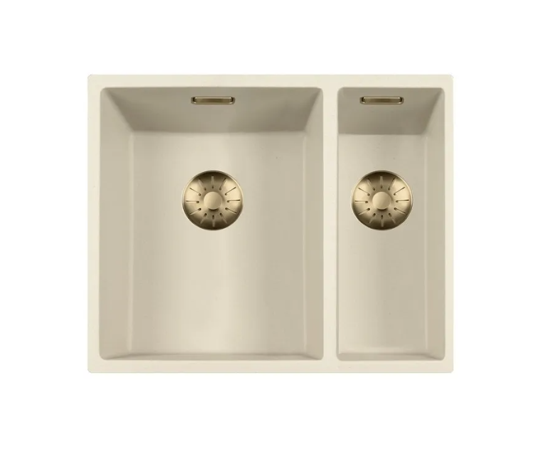 Lorreine 3415CQSP-FU-Messing Luxe Anderhalve Keukenspoelbak Graniet Coffee Cream Met Korfplug Messing Patina 34 x 40 + 15 x 40 Vlakbouw Of Onderbouw