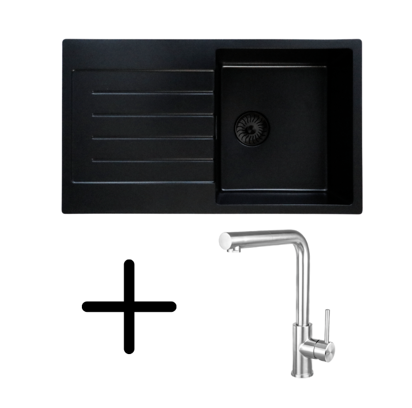 Caressi CAQPP770R10BK-EB + CABL003CHU Complete Set 77 x 45 cm Enkele Keukenspoelbak Zwart Met Keukenkraan Chroom