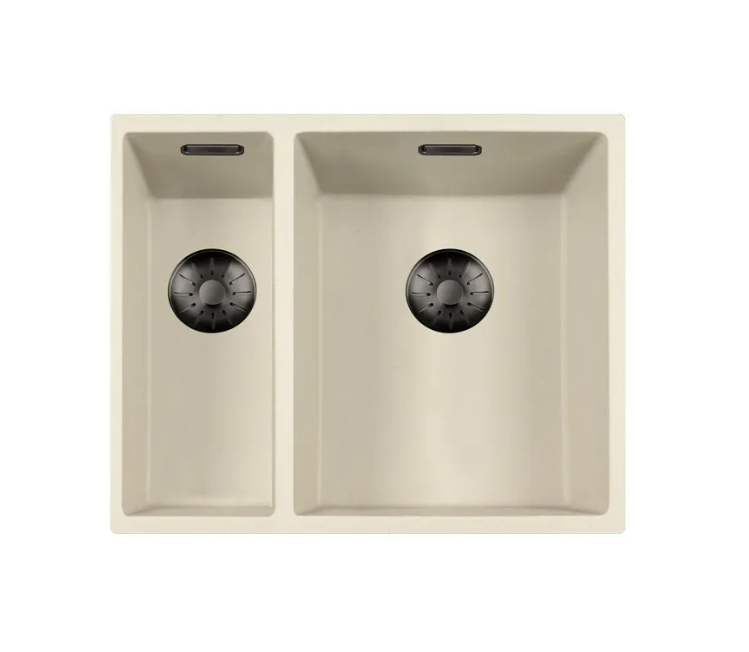Lorreine 1534CQSP-FU-Gunmetal Luxe Anderhalve Keukenspoelbak Graniet Coffee Cream Met Korfplug Gun Metal 15 x 40 + 34 x 40 Vlakbouw Of Onderbouw