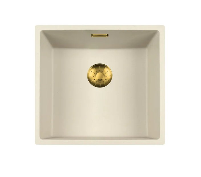 Lorreine 40CQSP-FU-Gold Luxe Enkele Keukenspoelbak Graniet Coffee Cream Met Korfplug Goud 40 x 40 Vlakbouw Of Onderbouw