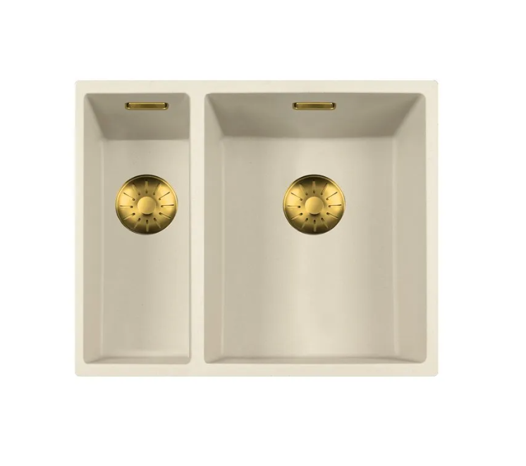 Lorreine 1534CQSP-FU-Gold Luxe Anderhalve Keukenspoelbak Graniet Coffee Cream Met Korfplug Goud 15 x 40 + 34 x 40 Vlakbouw Of Onderbouw
